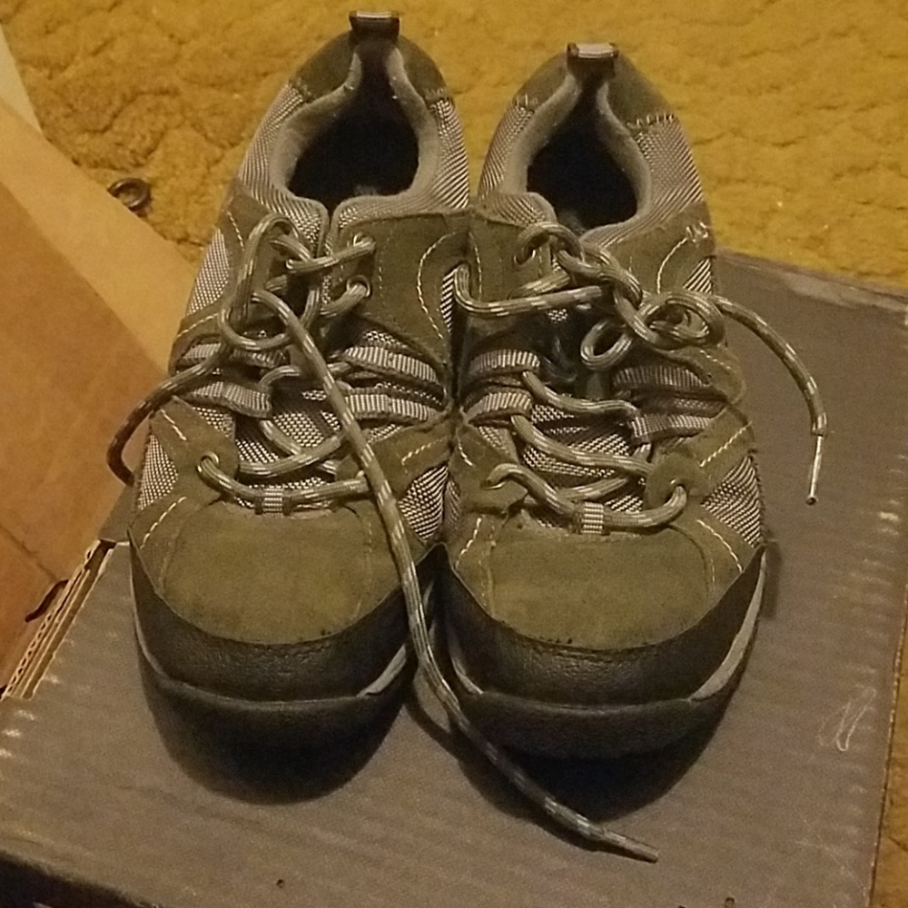 Ryka Olive green and lavender trail hiking shoes.